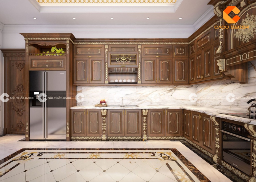 Mẫu tủ bếp gỗ tự nhiên tân cổ điển sản xuất bởi CaCo mã 05