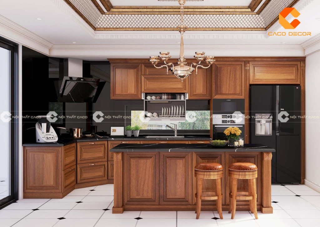 Mẫu tủ bếp gỗ tự nhiên tân cổ điển sản xuất bởi CaCo mã 06