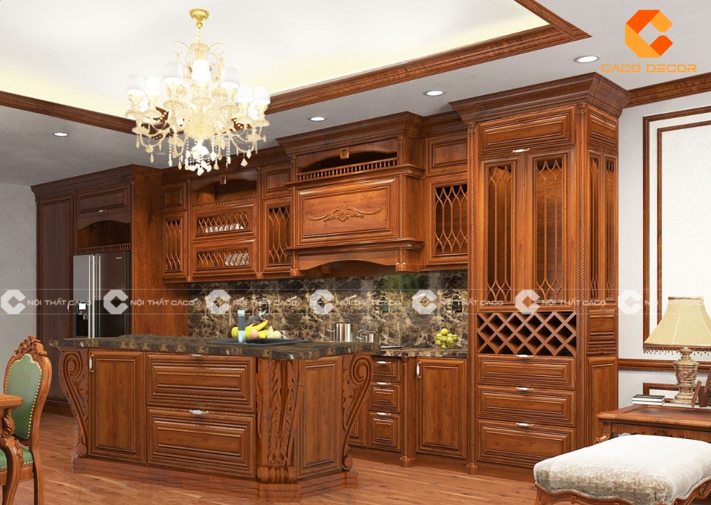 Tủ bếp gỗ tự nhiên tân cổ điển giúp tăng giá trị thẩm mỹ cho ngôi nhà