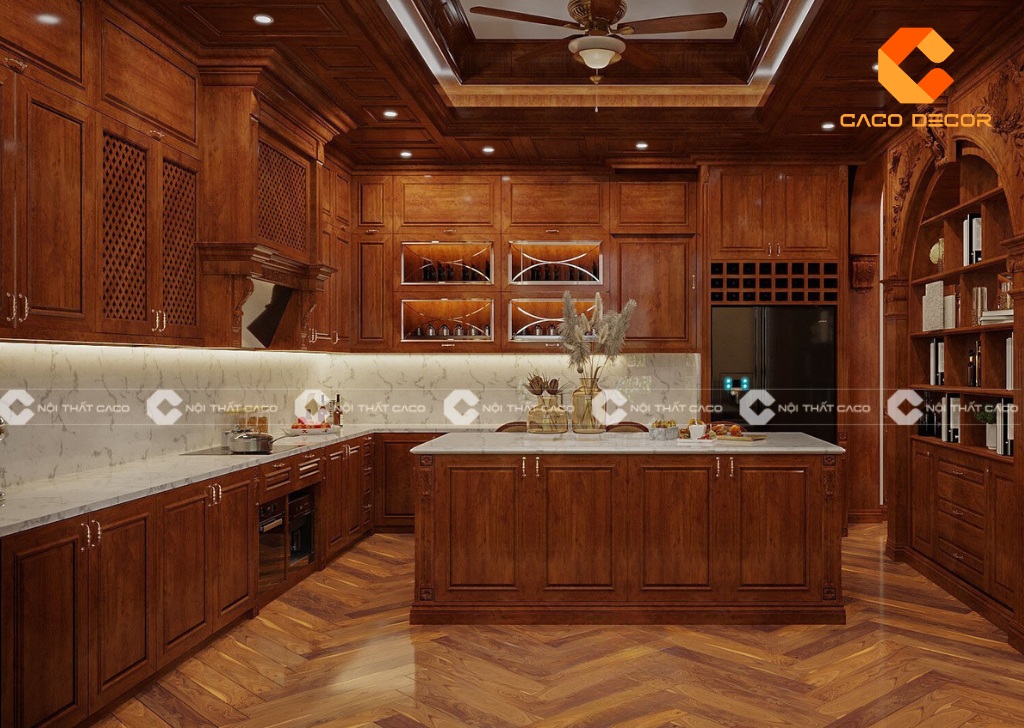 Tủ bếp gỗ tự nhiên tân cổ điển có độ bền cao, chịu lực tốt 