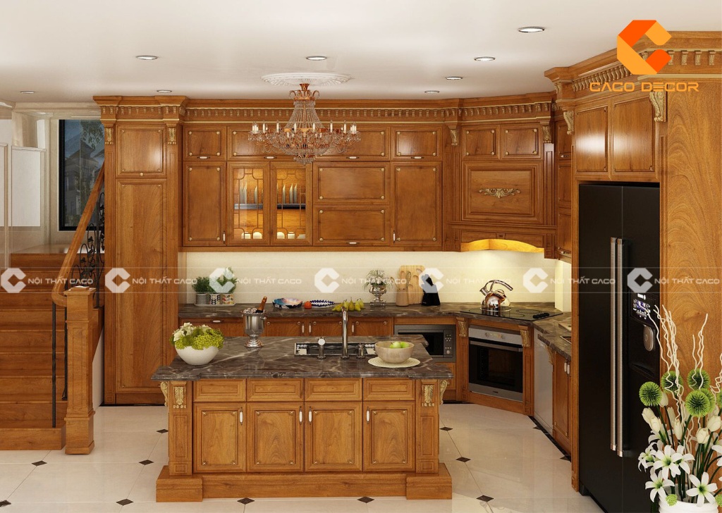 Tủ bếp gỗ tự nhiên tân cổ điển với thiết kế tinh tế và chất liệu gỗ cao cấp