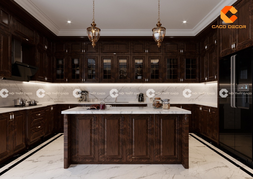 Tủ bếp gỗ tự nhiên tân cổ điển với màu nâu trầm ấm