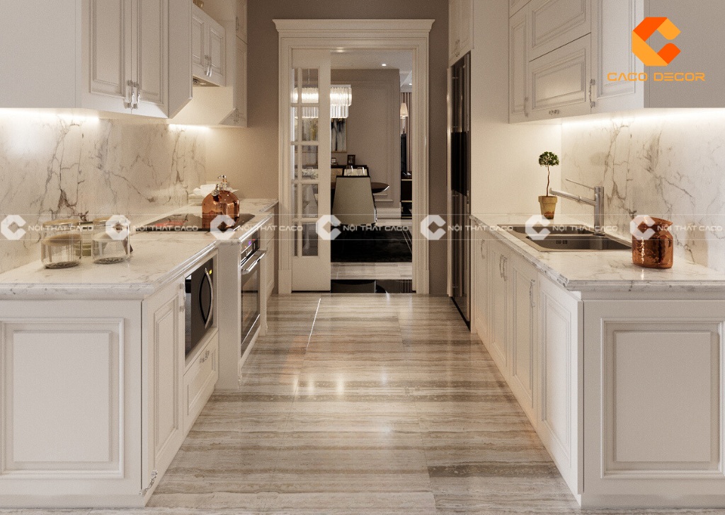 Tủ bếp gỗ tự nhiên tân cổ điển thiết kế song song màu trắng thanh lịch