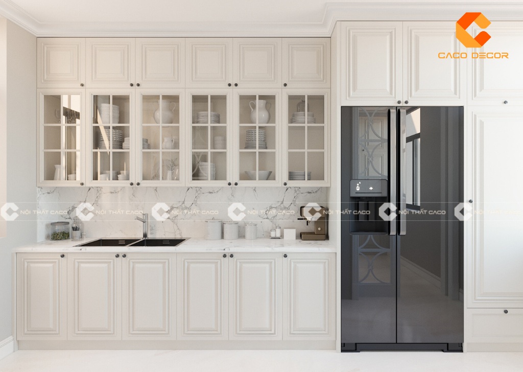 Tủ bếp gỗ tự nhiên tân cổ điển kiểu chữ I phù hợp với không gian nhỏ gọn