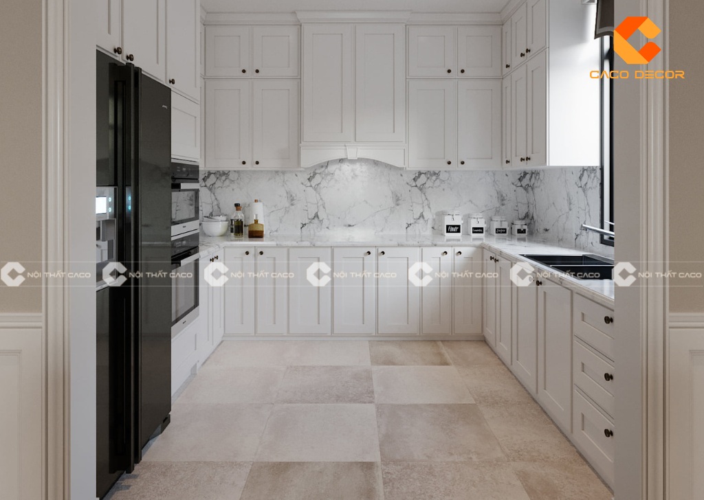 Mẫu tủ bếp gỗ tự nhiên tân cổ điển sản xuất bởi CaCo mã 07