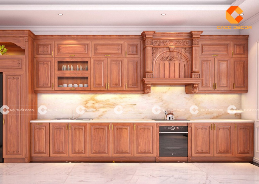 Mẫu tủ bếp gỗ tự nhiên tân cổ điển sản xuất bởi CaCo mã 08