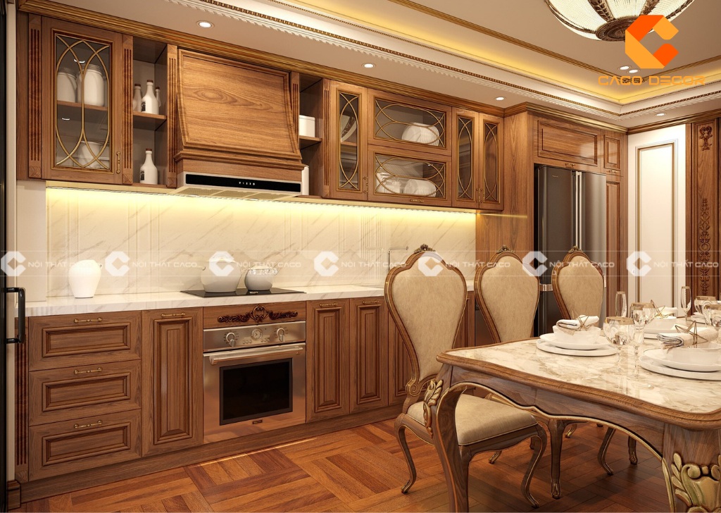 Tủ bếp gỗ tự nhiên tân cổ điển là biểu tượng của sự giàu có và đẳng cấp