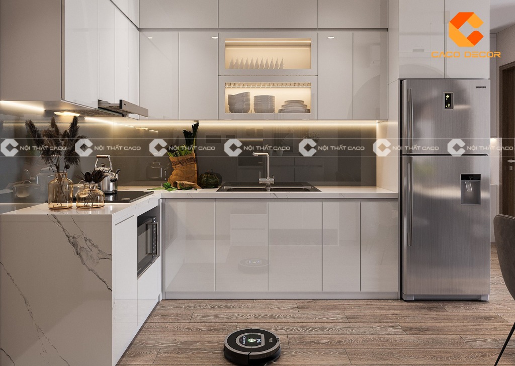 Mẫu thiết kế tủ bếp nhựa picomat cánh phủ acrylic chữ L kết hợp kệ đựng phù hợp