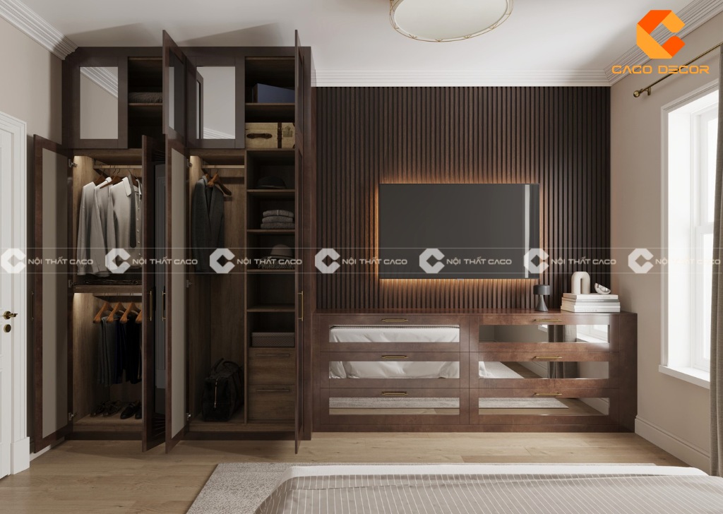 Tủ quần áo kèm kệ tivi thiết kế theo diện tích phòng nhà khách hàng
