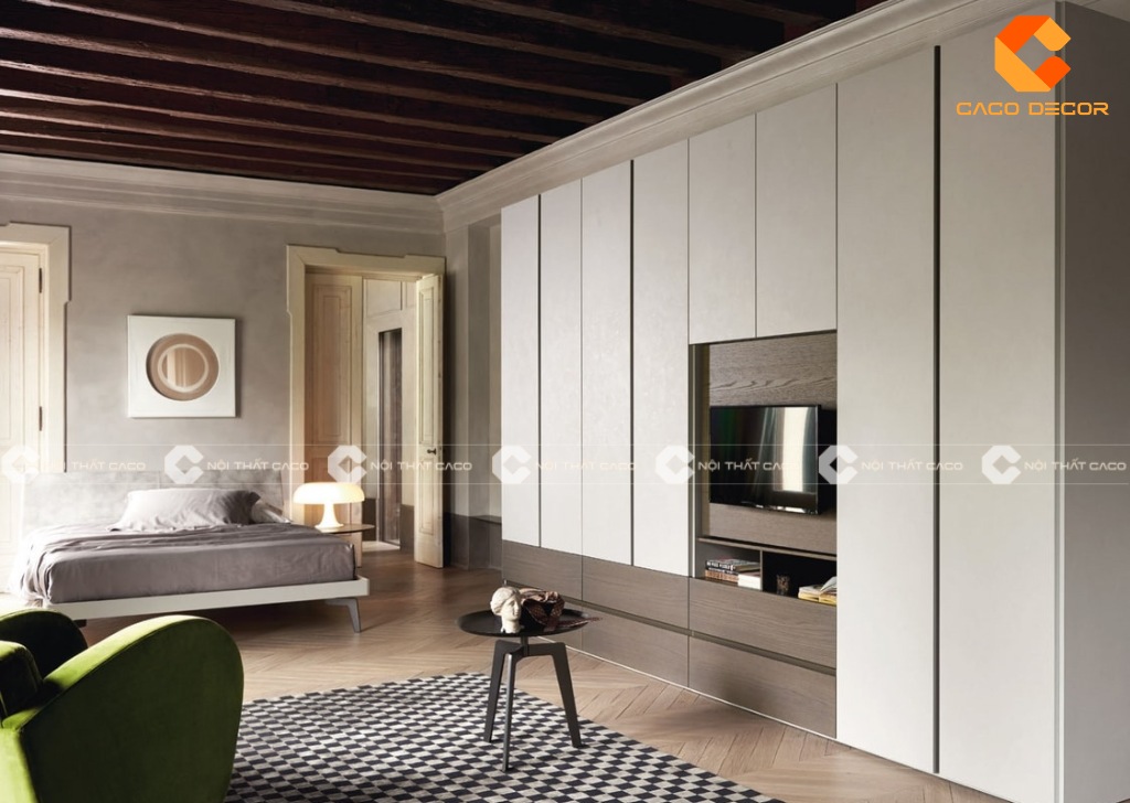 Tủ quần áo kèm kệ tivi dễ dàng thi công và lắp ráp