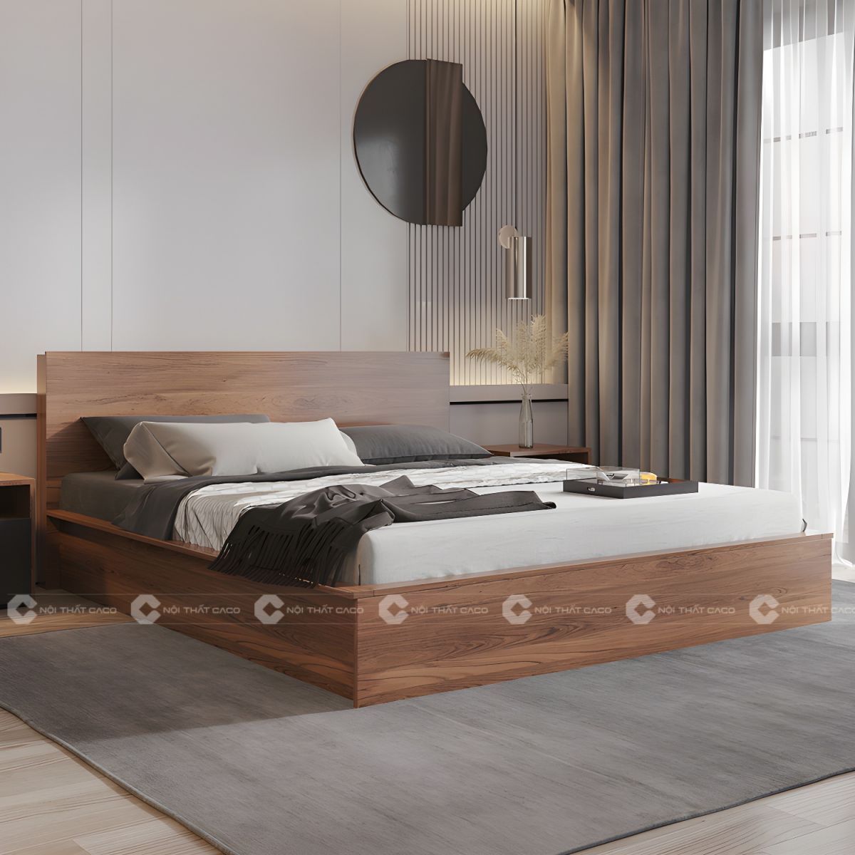 Giường ngủ gỗ công nghiệp màu nâu vân gỗ sang trọng