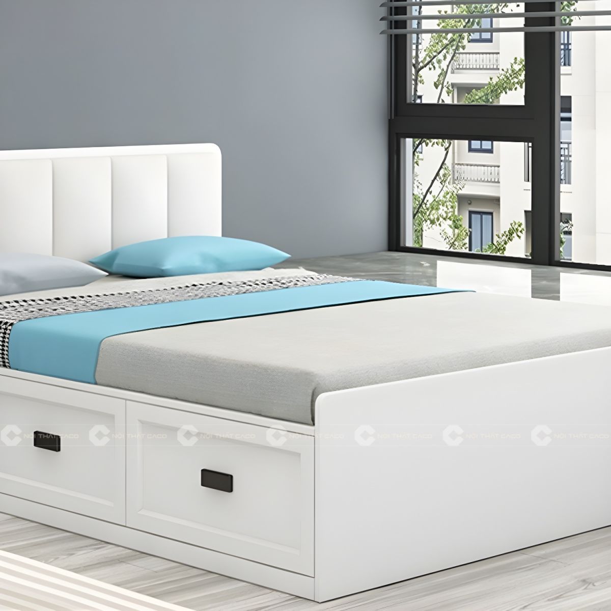 Giường ngủ gỗ công nghiệp màu trắng hiện đại