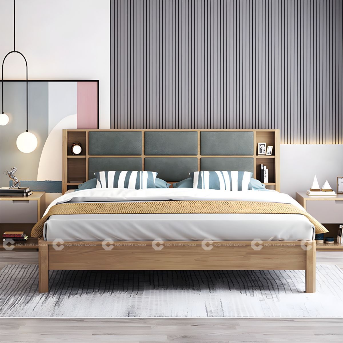 Giường ngủ gỗ tự nhiên bọc nệm đầu giường sang trọng
