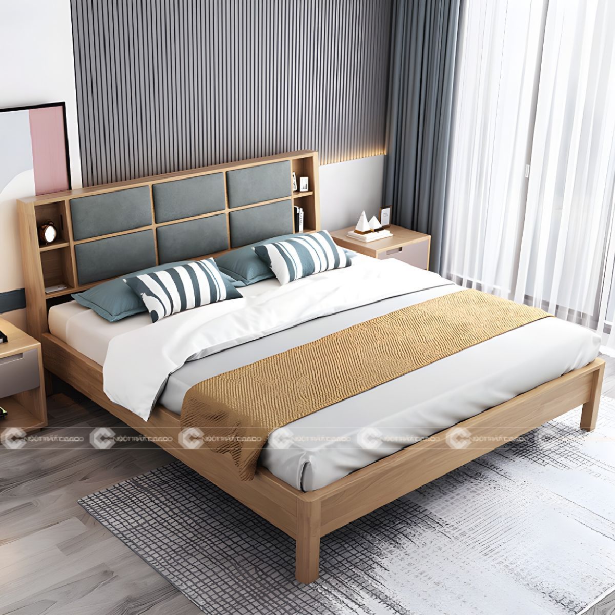 Giường ngủ gỗ tự nhiên bọc nệm đầu giường thanh lịch