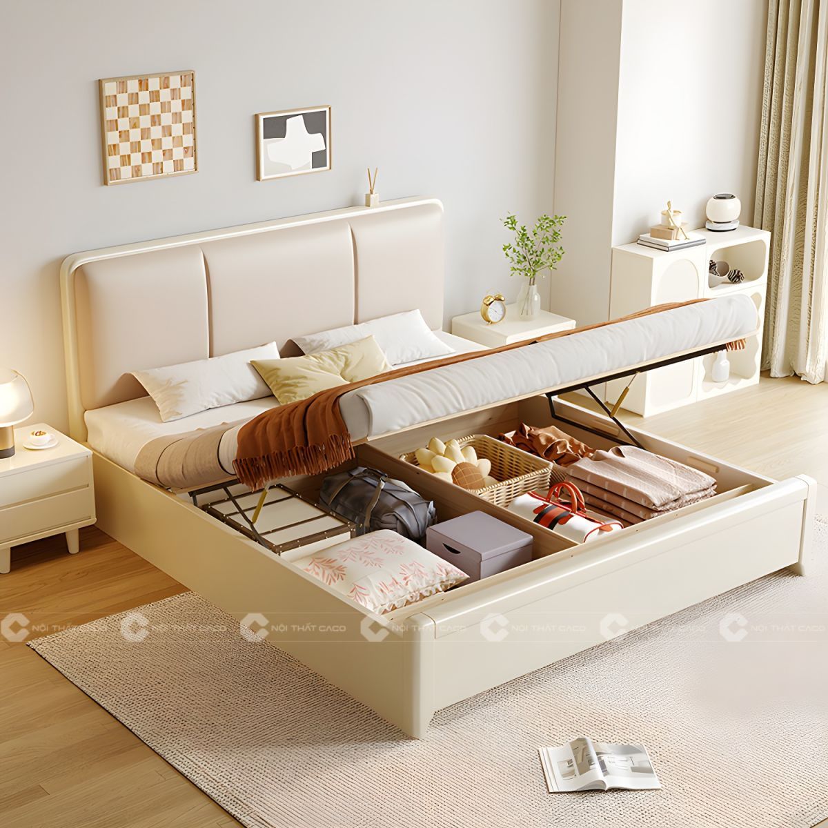 Giường ngủ gỗ tự nhiên màu trắng chắc chắn