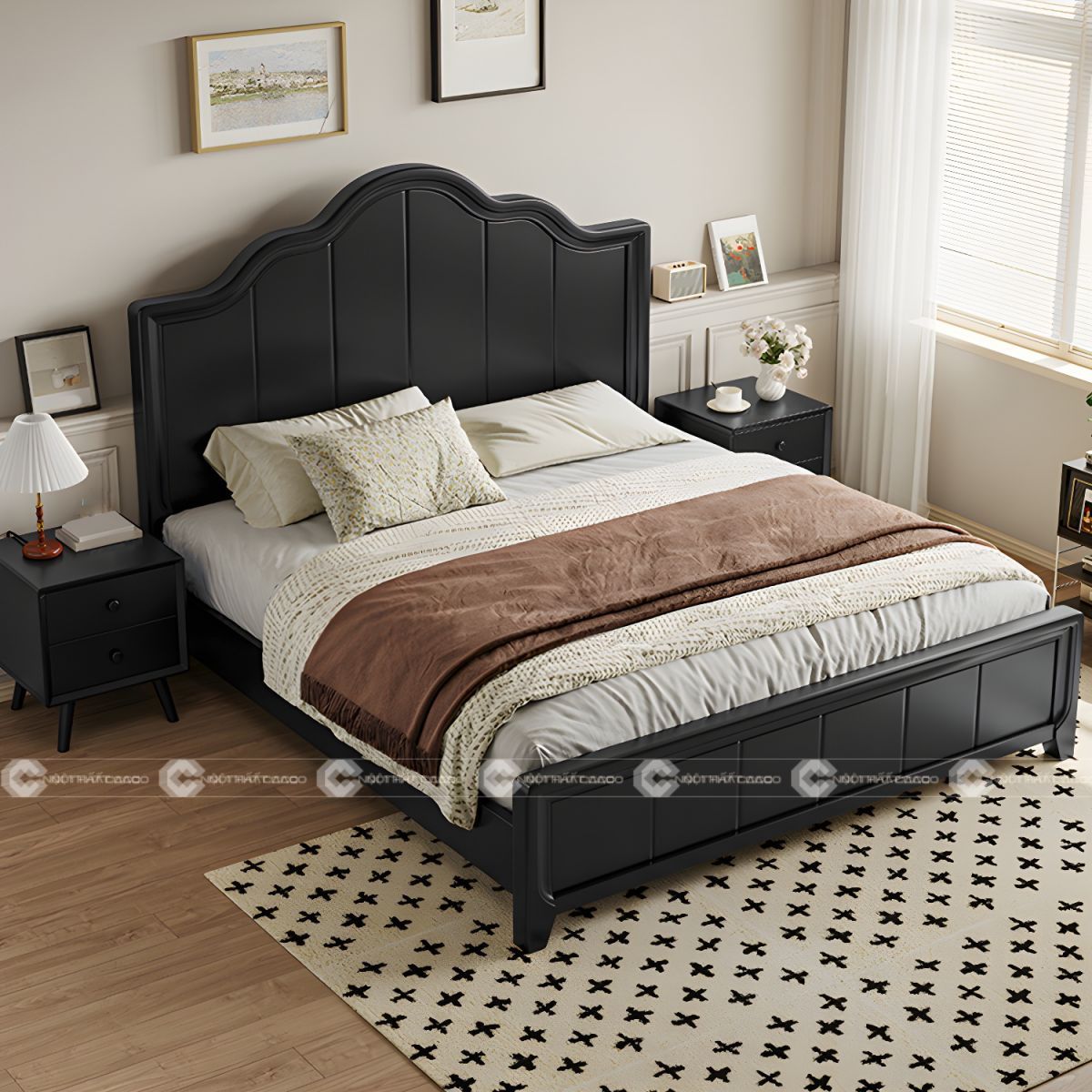 Giường ngủ gỗ tự nhiên chân thấp, tối ưu diện tích