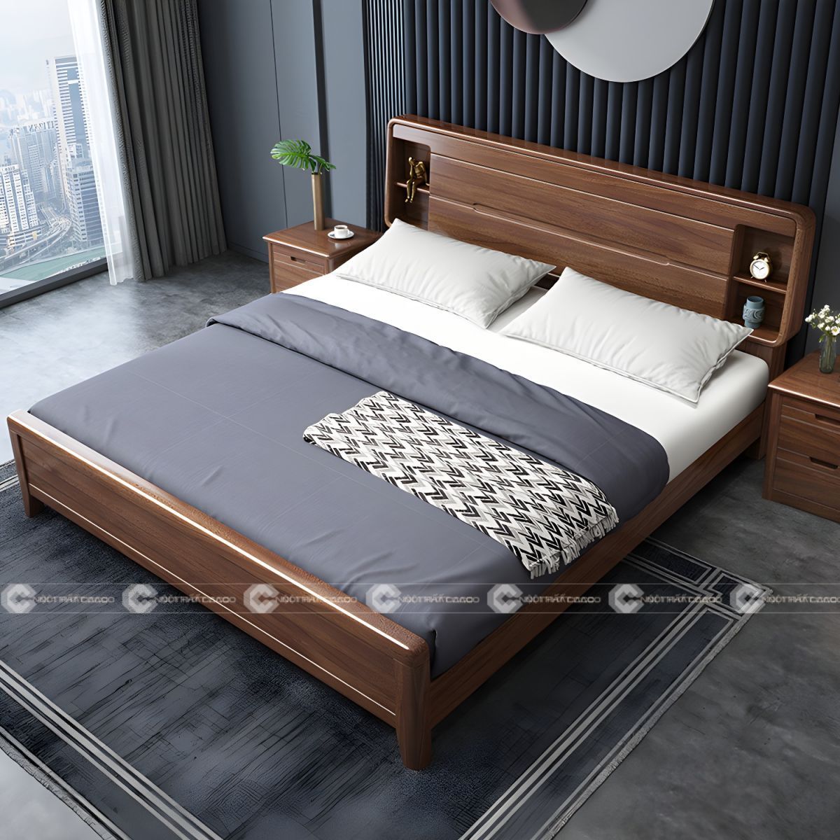 Giường gỗ tự nhiên chân thấp tối ưu diện tích