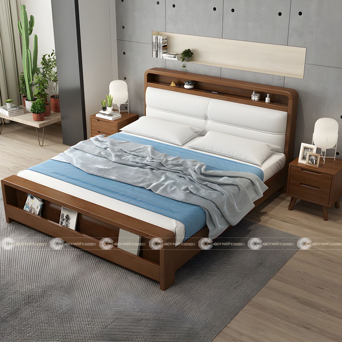 Giường ngủ gỗ tự nhiên chân thấp tối ưu diện tích