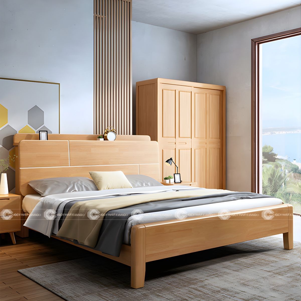 Giường ngủ gỗ tự nhiên chân thấp trang nhã