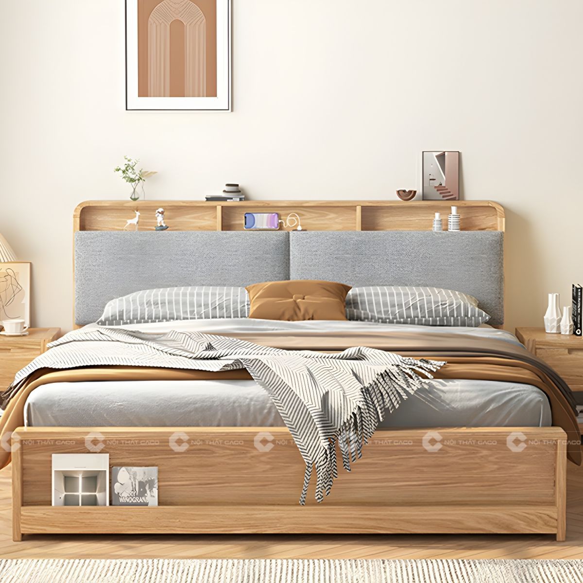 Giường ngủ gỗ tự nhiên bọc nệm đầu giường