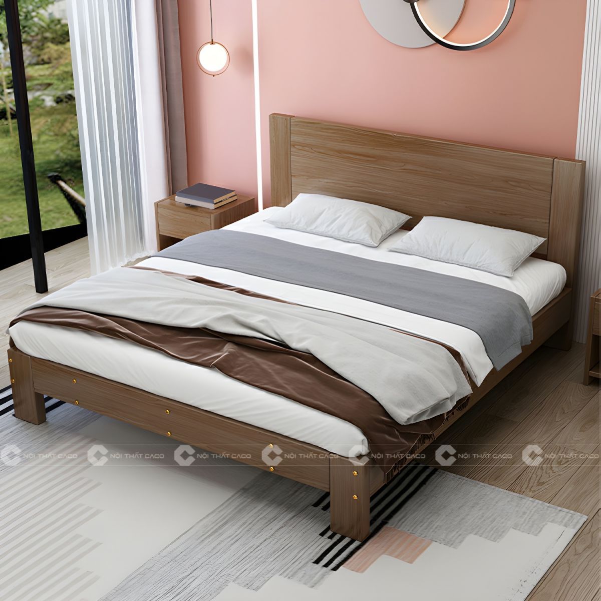 Giường ngủ gỗ tự nhiên có kệ đầu giường tinh tế