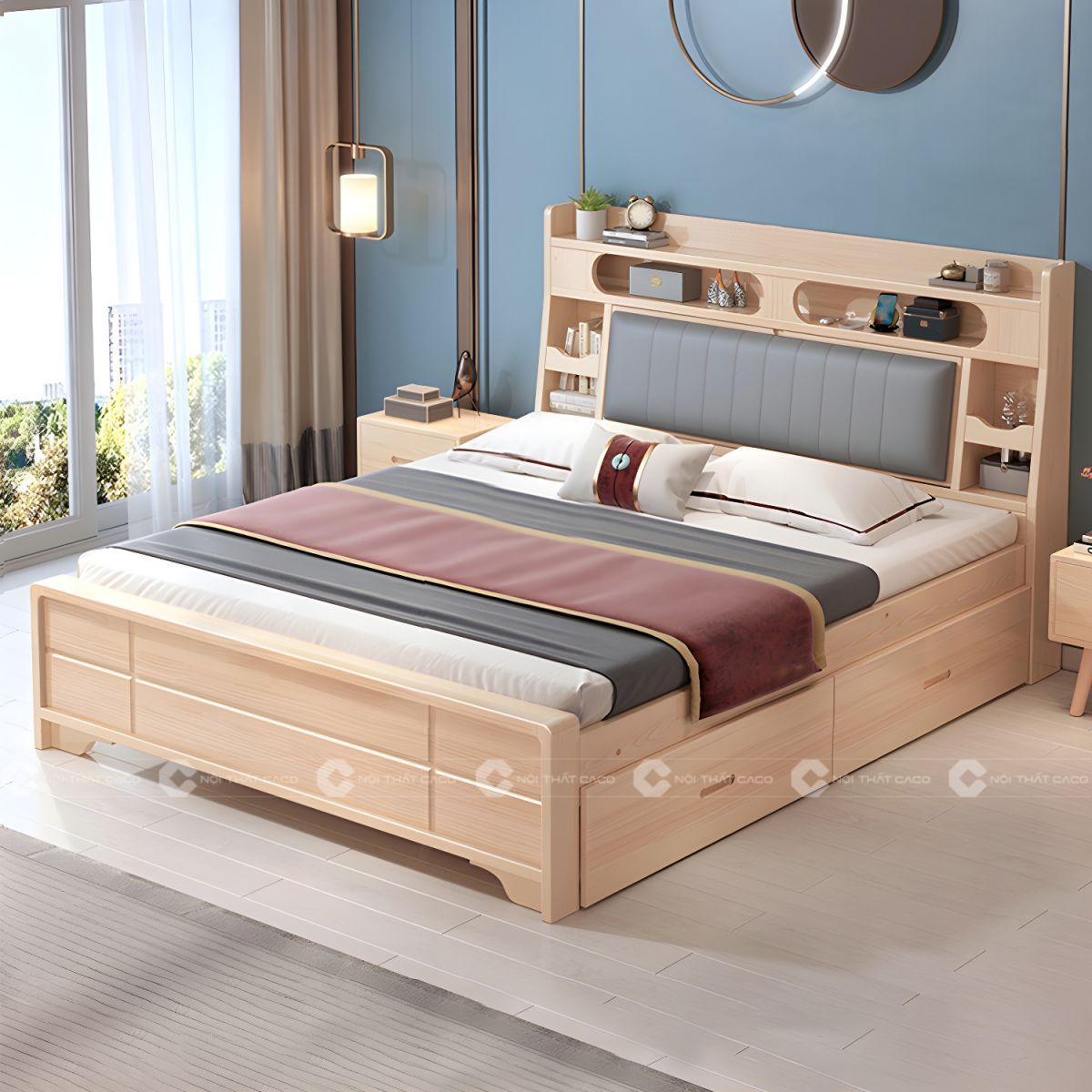 Giường ngủ gỗ tự nhiên có hộc kéo trữ đồ
