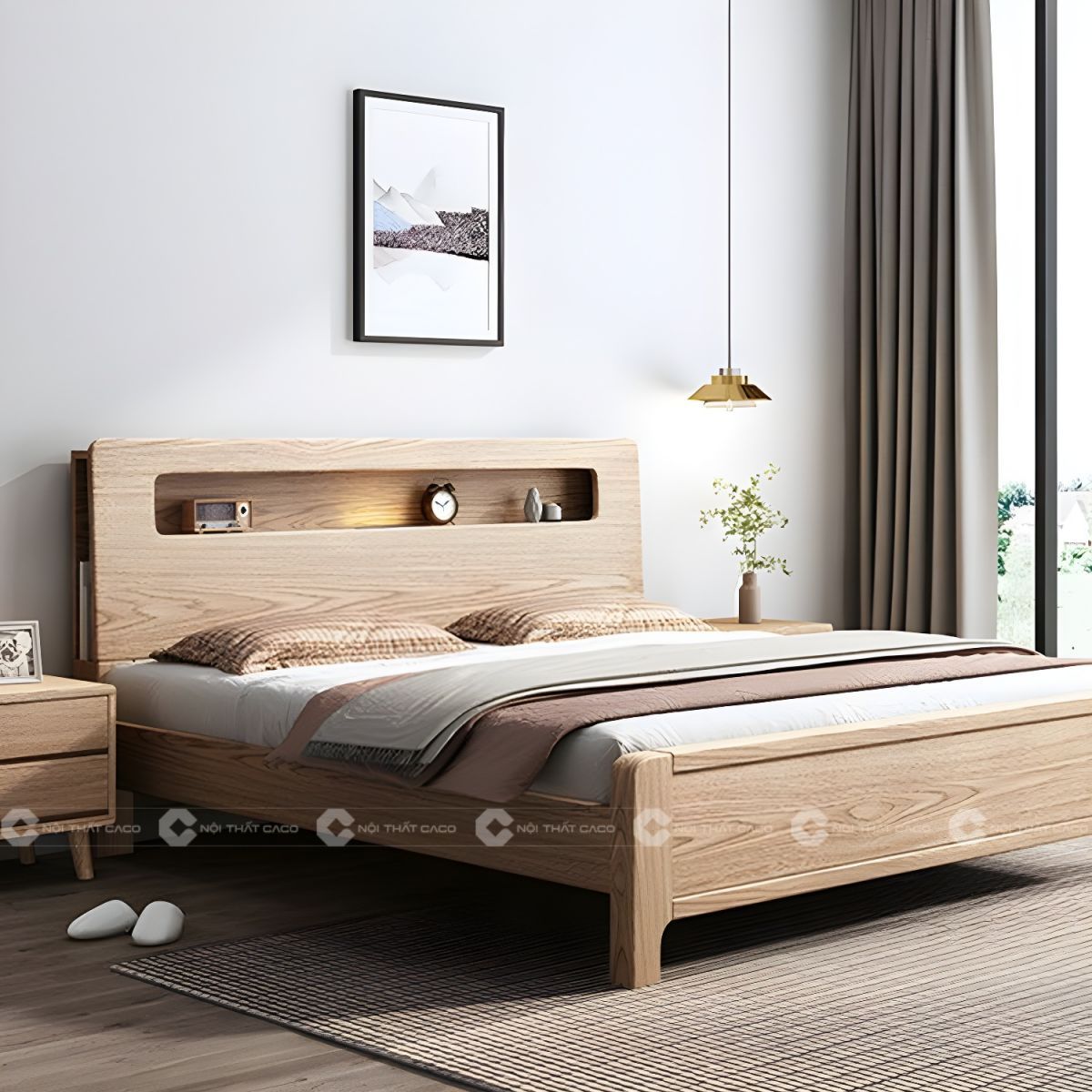 Giường ngủ gỗ tự nhiên có kệ đầu giường thanh lịch