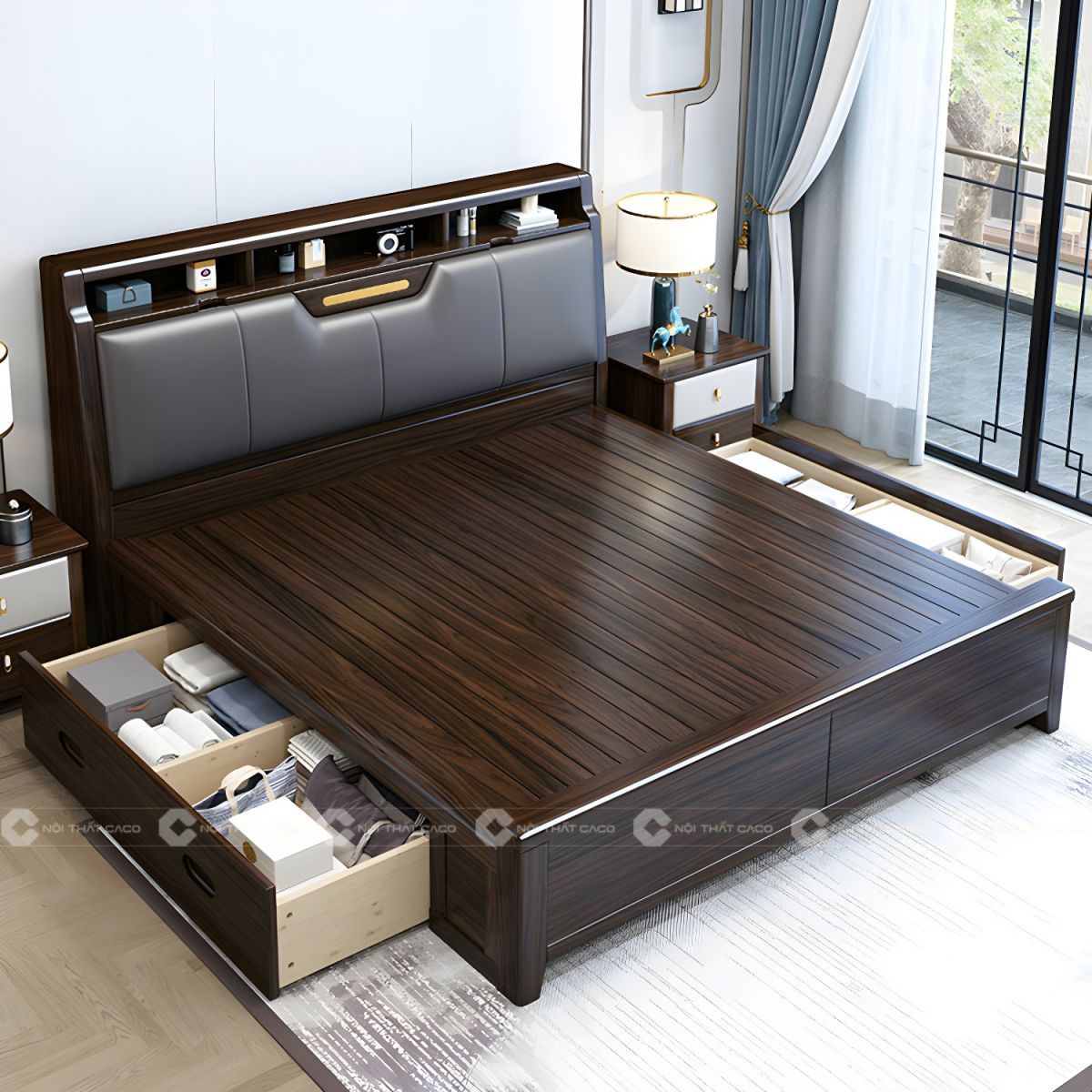 Giường ngủ gỗ tự nhiên có hộc kéo đa năng