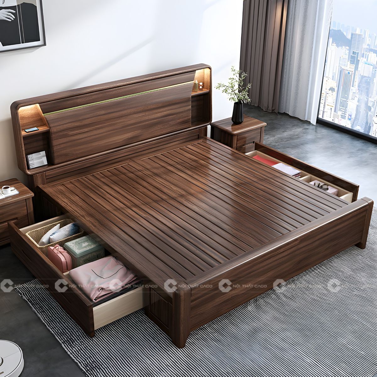 Giường ngủ gỗ tự nhiên có hộc kéo tối ưu không gian