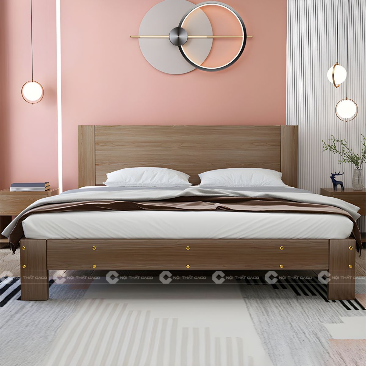 Giường ngủ gỗ tự nhiên màu nâu vân gỗ