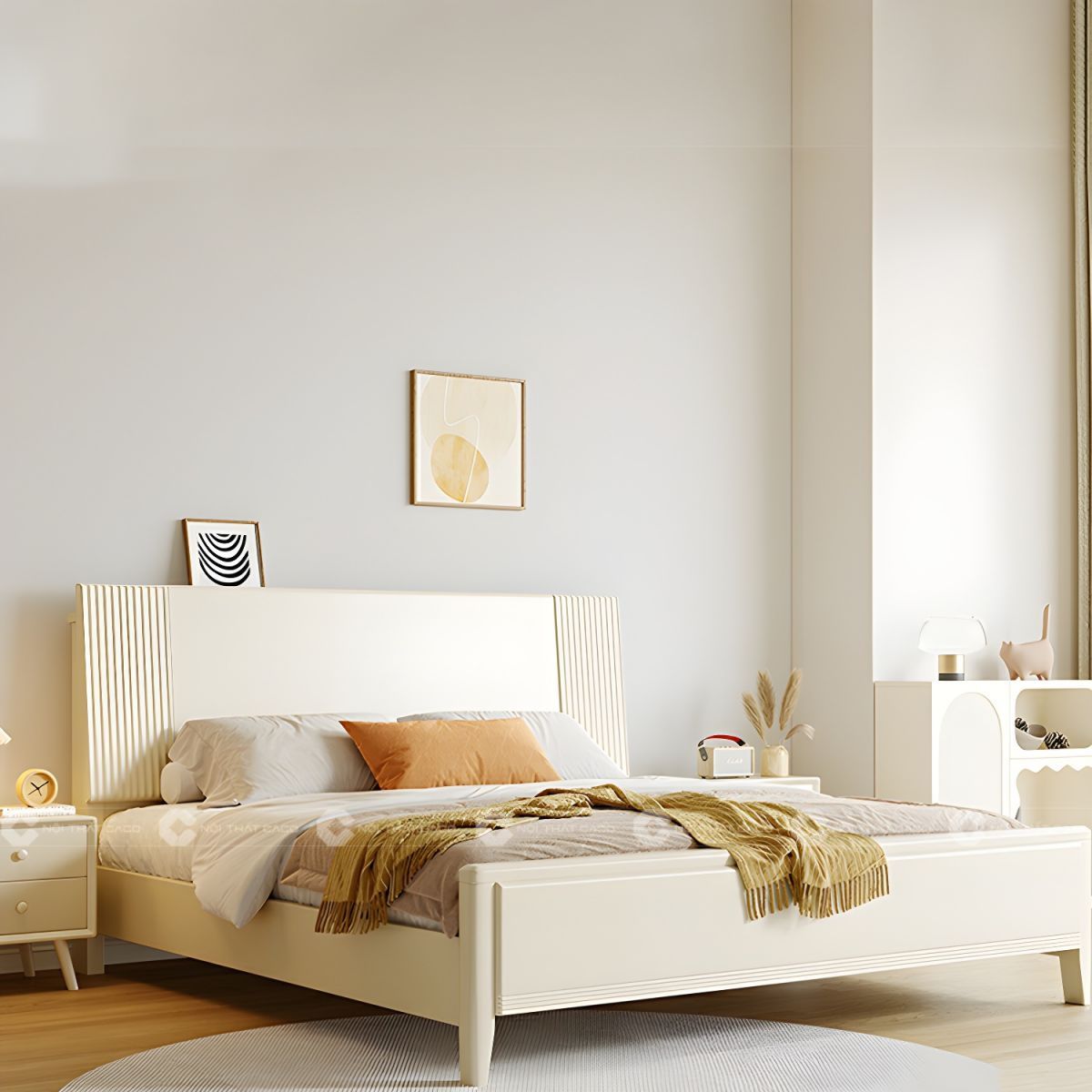 Giường ngủ gỗ tự nhiên màu trắng sang trọng