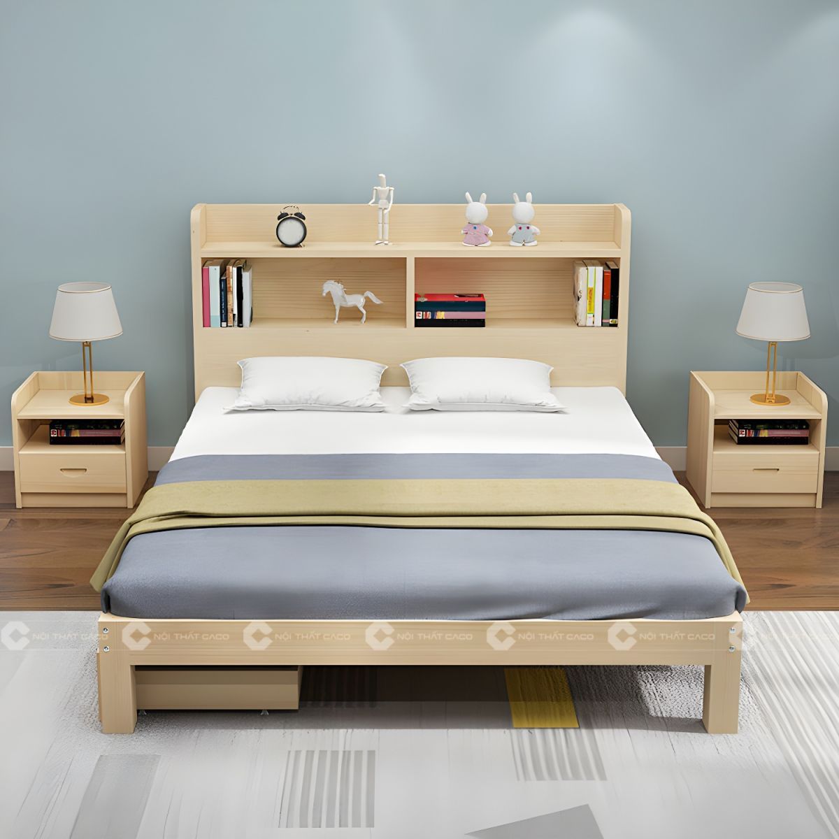 Giường ngủ gỗ tự nhiên màu vàng vân gỗ hiện đại