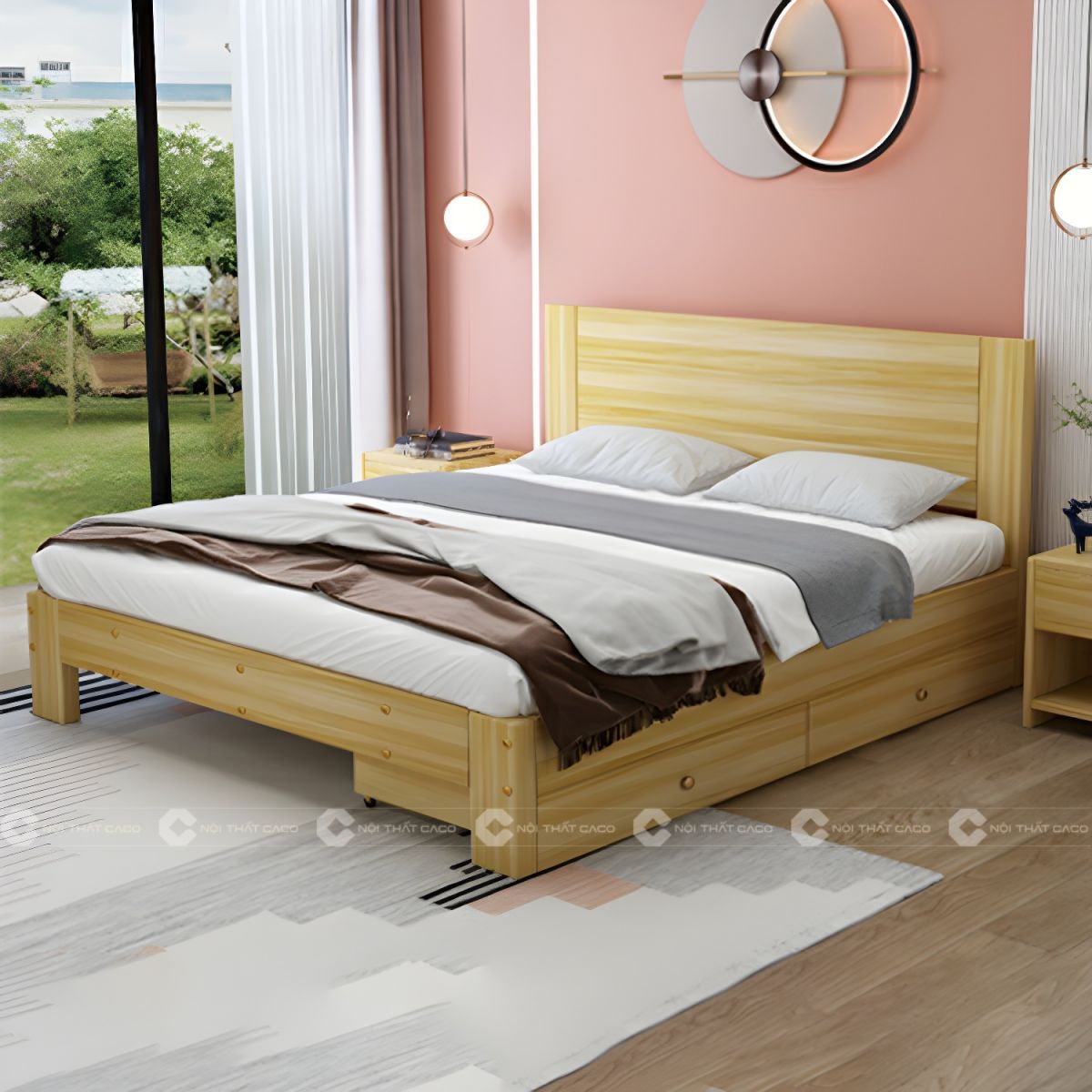 Giường ngủ gỗ tự màu vàng vân gỗ sang trọng