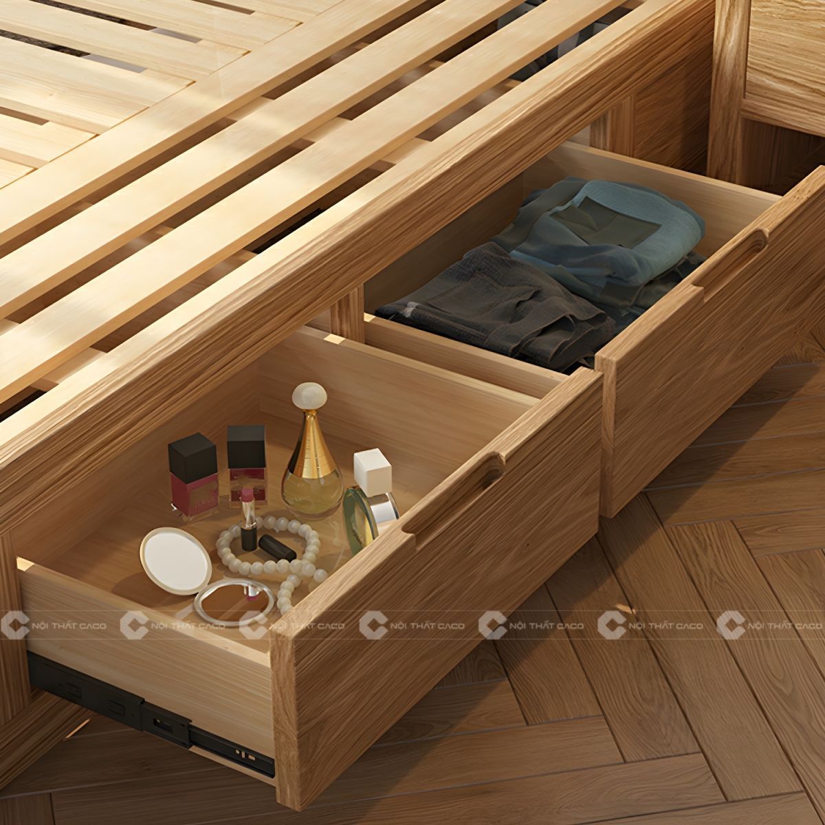 Giường ngủ gỗ tự nhiên thiết kế học kéo thông minh
