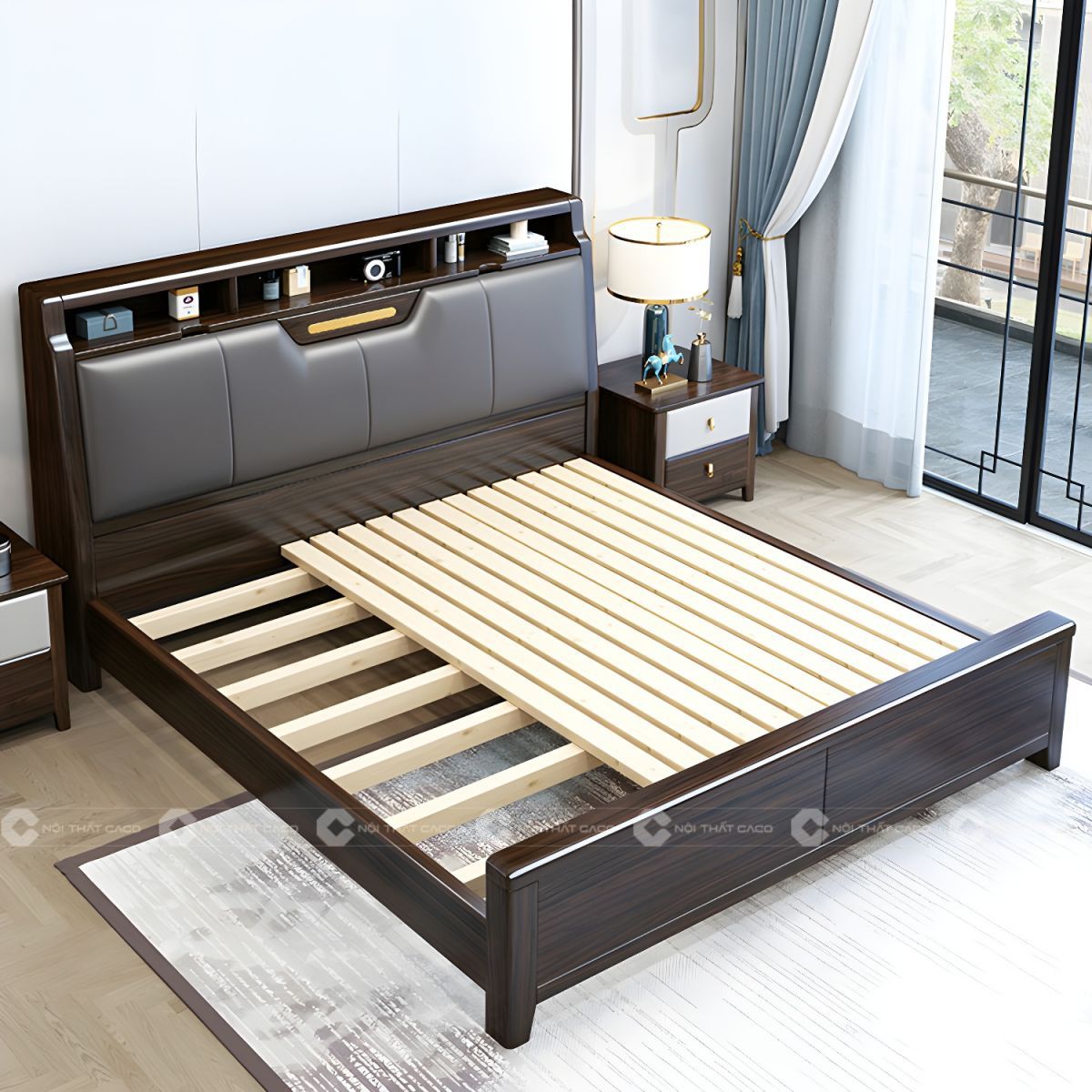 Giường ngủ gỗ tự nhiên thiết kế thoáng khí 