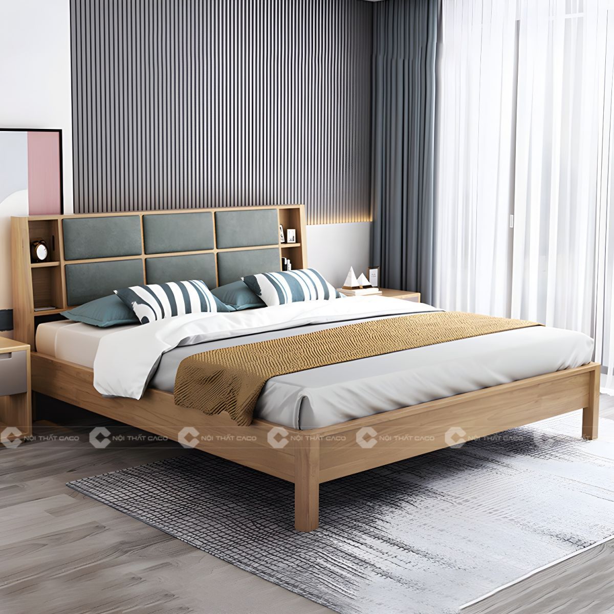 Giường ngủ gỗ tự nhiên với thiết kế đầu giường tinh tế