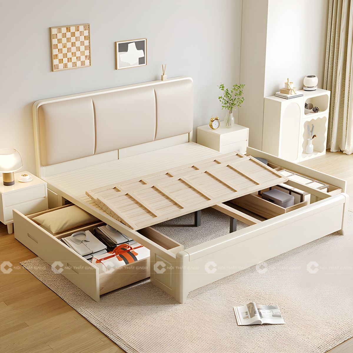 Giường ngủ gỗ tự nhiên màu trắng có hộc kéo thông minh