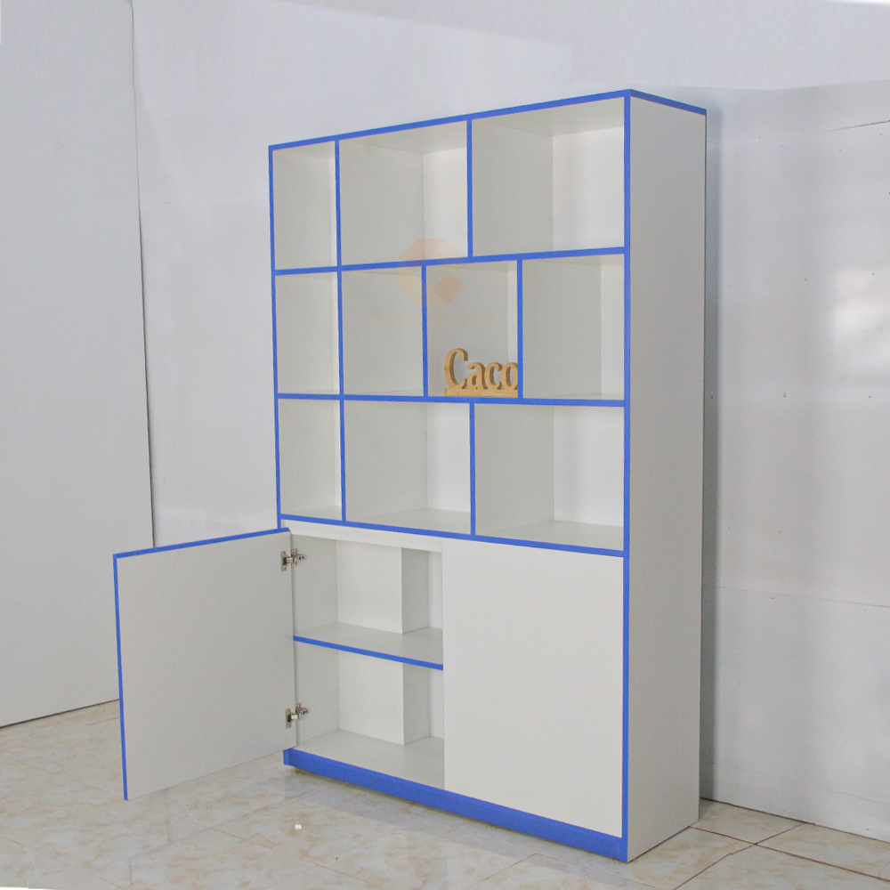 TỦ SÁCH GỖ MDF MELAMINE MÀU TRẮNG  PHỐI CHỈ XANH CAO CẤP 4