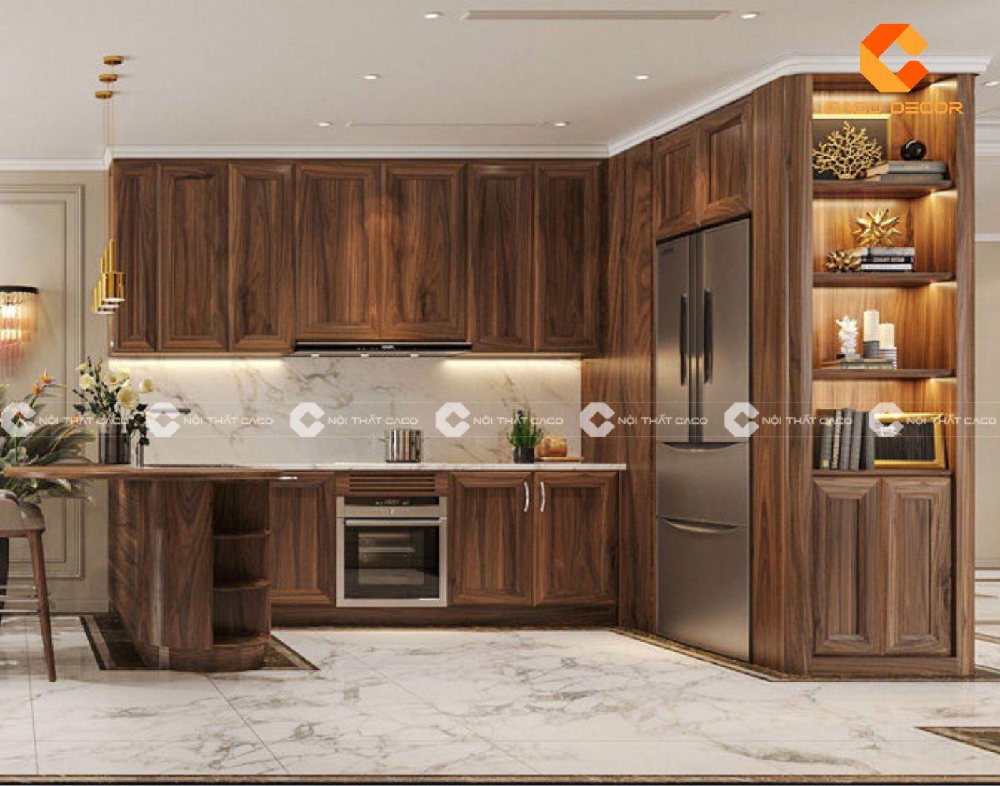 Làm tủ bếp gỗ tự nhiên mã số 04 trong BST tủ bếp gia đình