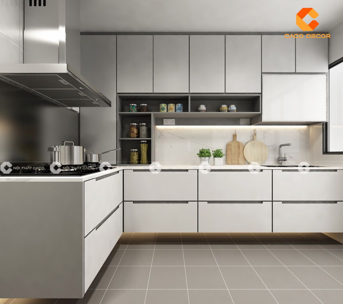 Mẫu tủ bếp được làm từ gỗ công nghiệp phủ Melamine