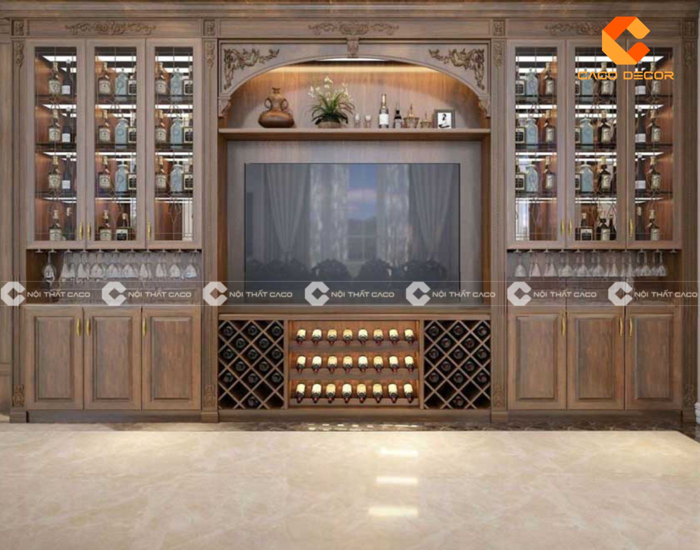 Tủ rượu âm tường thiết kế lớn tại phòng khách 
