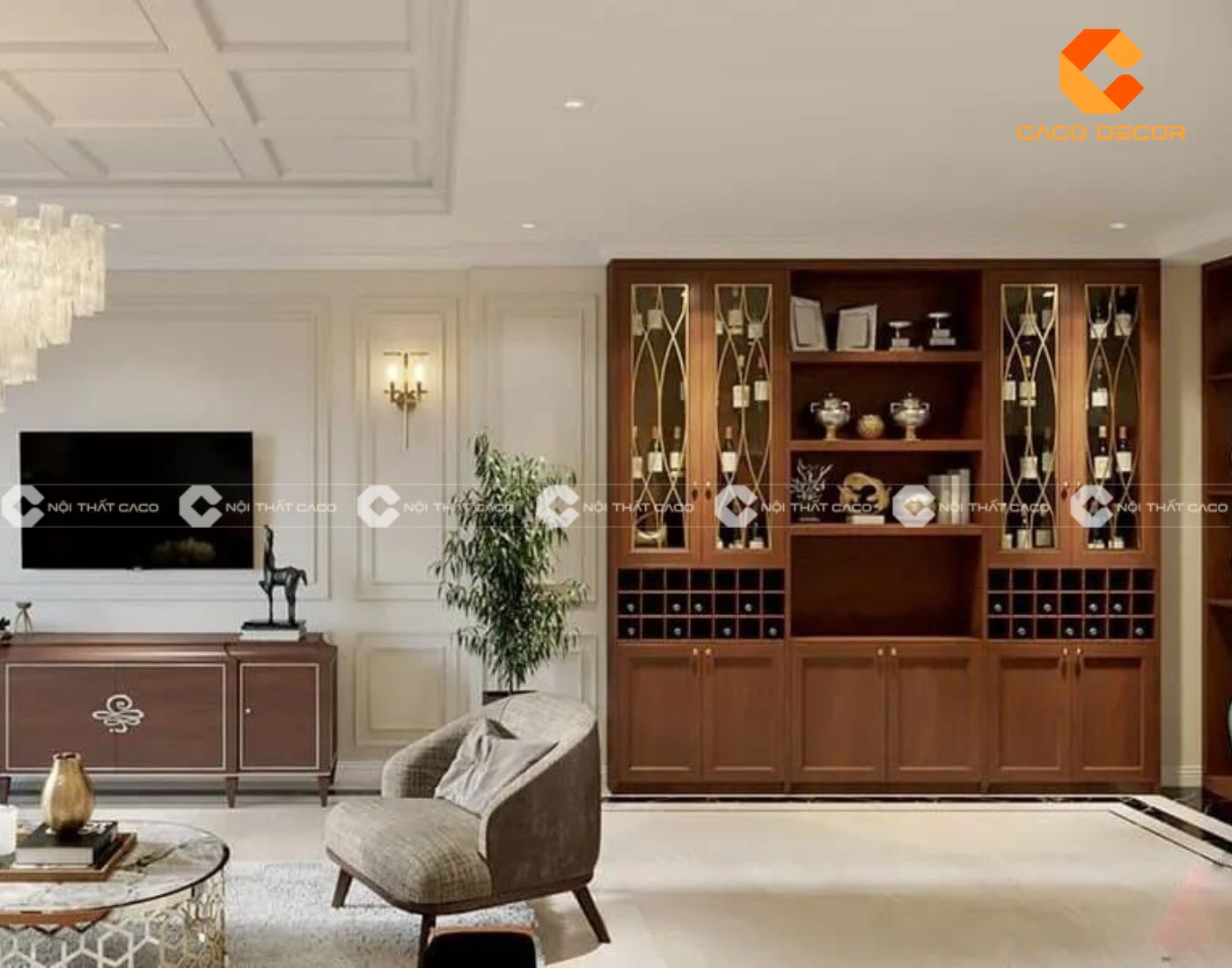 Tủ rượu phong cách tân cổ điển chất gỗ tông màu nâu 