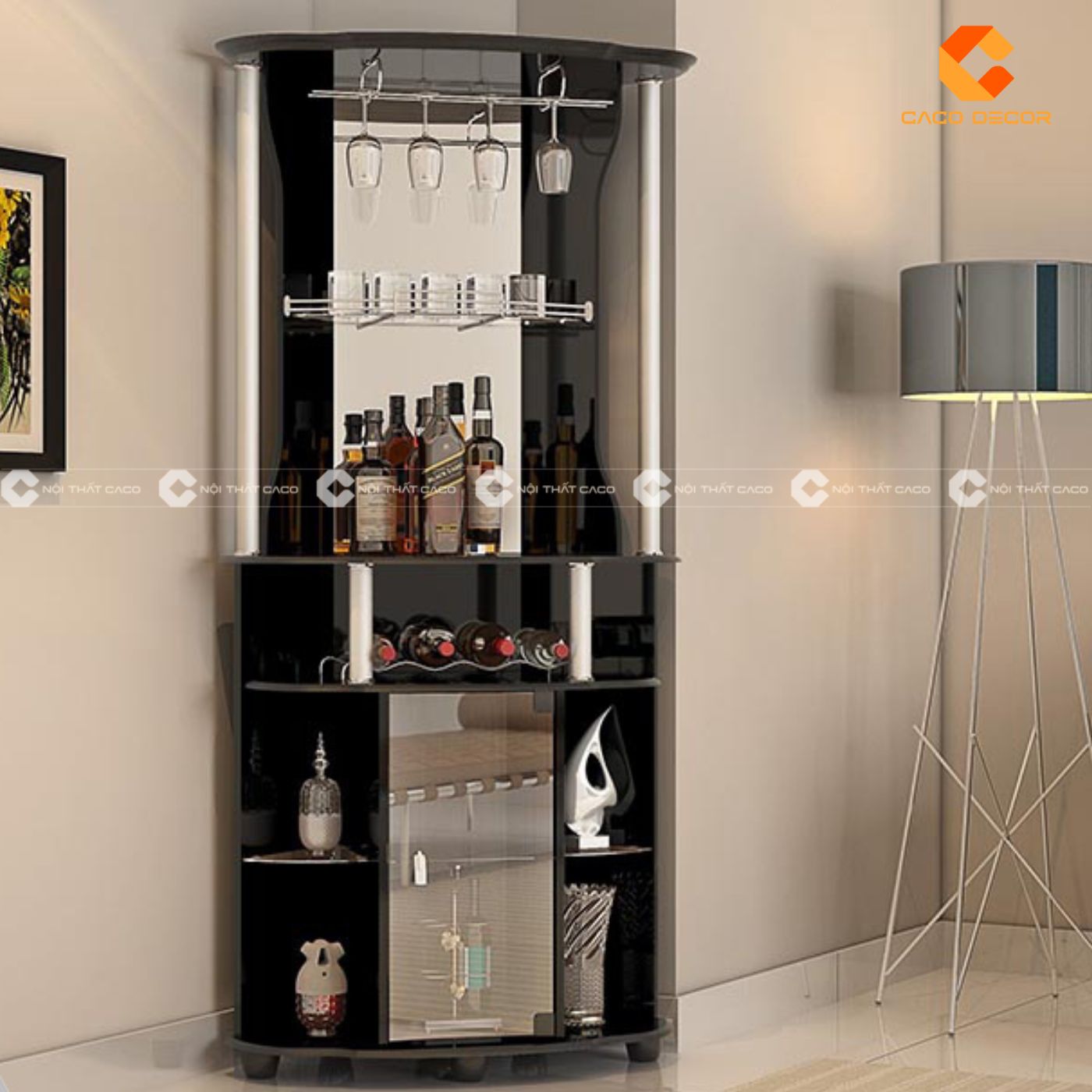 Mẫu tủ rượu góc có tích hợp các ngăn, giá đỡ 