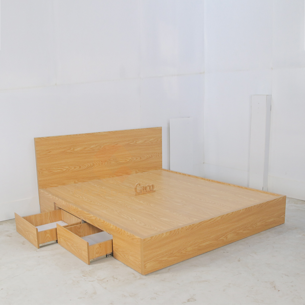 Giường ngủ gỗ MDF màu vàng vân gỗ sồi có hộc kéo hiện đại