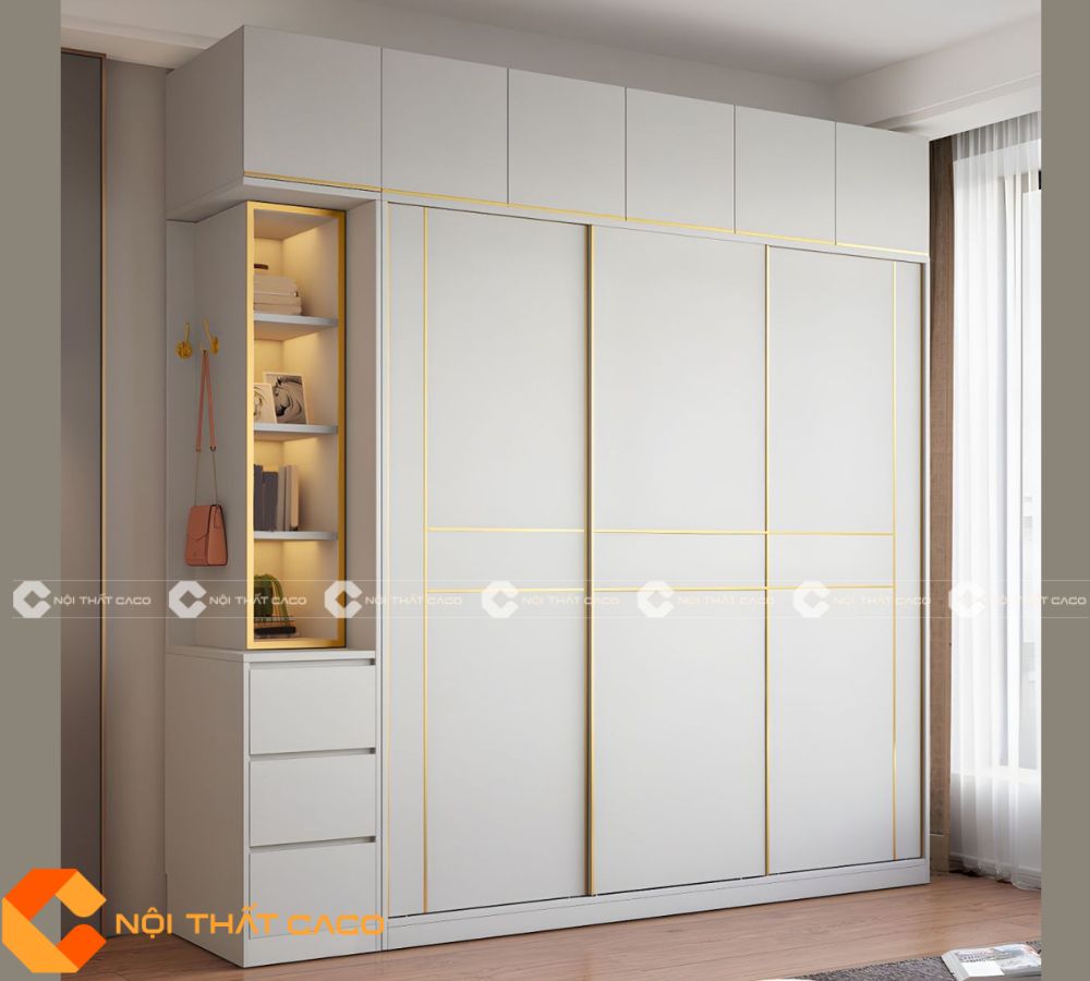 Tủ Áo Gỗ MDF Cửa Lùa Màu Trắng Viền Vàng Hiện Đại - TAL063