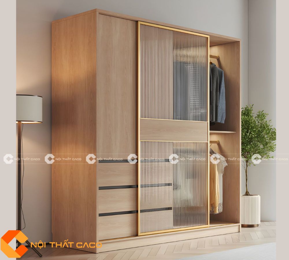 Tủ Quần Áo Gỗ MDF Cửa Lùa Màu Vàng Vân Gỗ Phối Kính Hiện Đại - TAL059