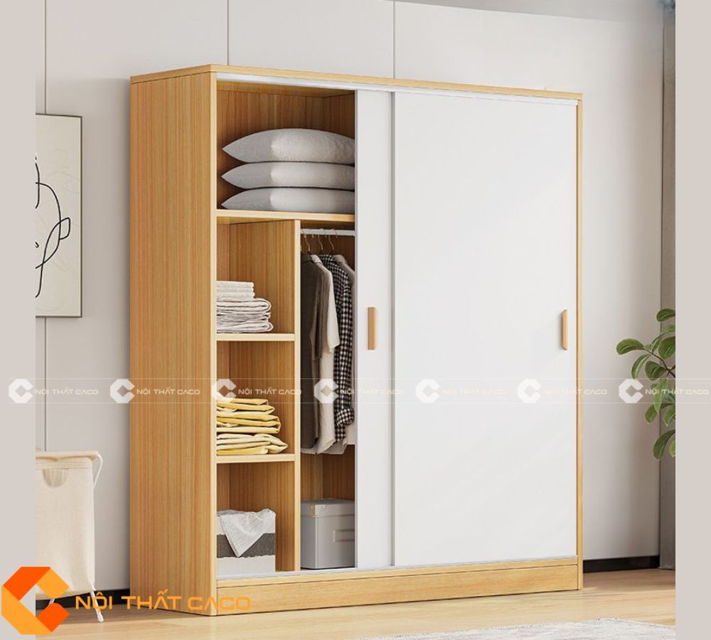 Tủ Quần Áo Gỗ Công Nghiệp MDF Cửa Lùa Màu Trắng Phối Vân Gỗ Hiện Đại - TAL049