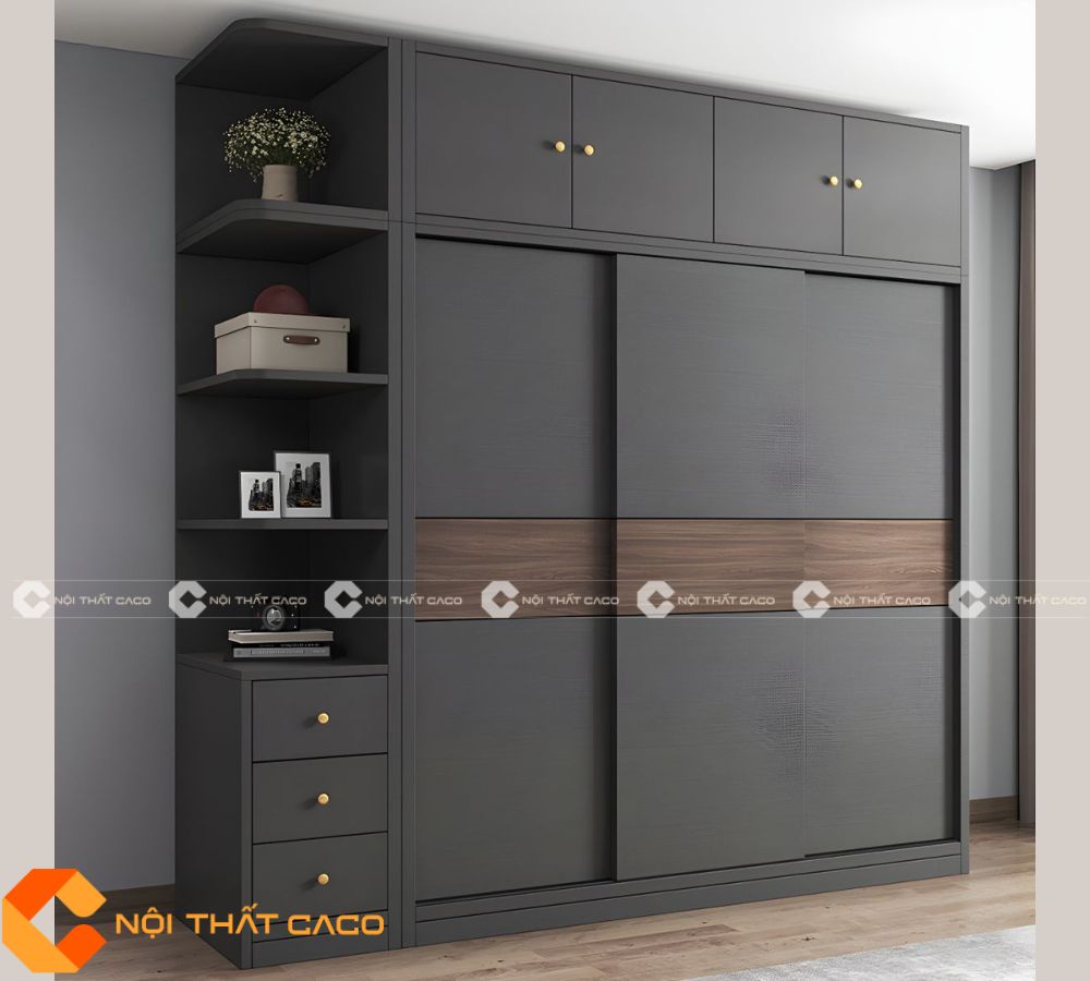 Tủ Quần Áo Gỗ MDF Cửa Lùa Cao Kịch Trần Kết Hợp Kệ Trang Trí - TAL058