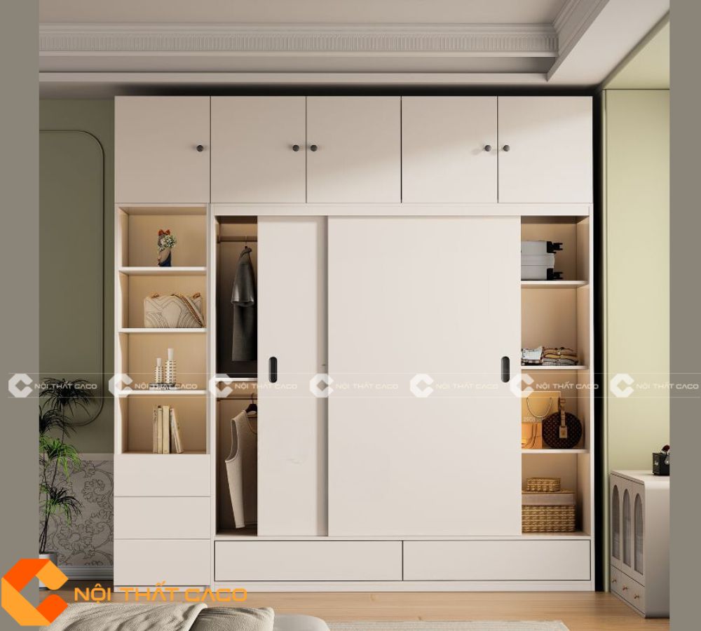 Tủ Quần Áo Gỗ MDF Cửa Lùa Màu Trắng Có Kệ Trang Trí - TAL067