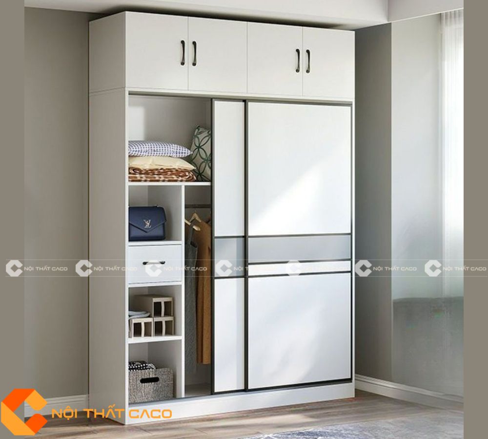 Tủ Quần Áo Gỗ MDF Cửa Lùa Màu Trắng Phối Sọc Xám Hiện Đại - TAL047